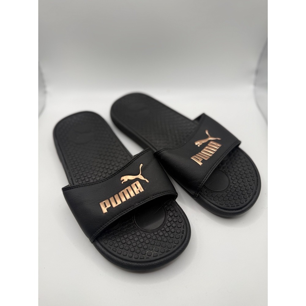 Puma Cool Cat Womens US 8 Slide Sandals Black Rose Gold Logo Slip On Comfort